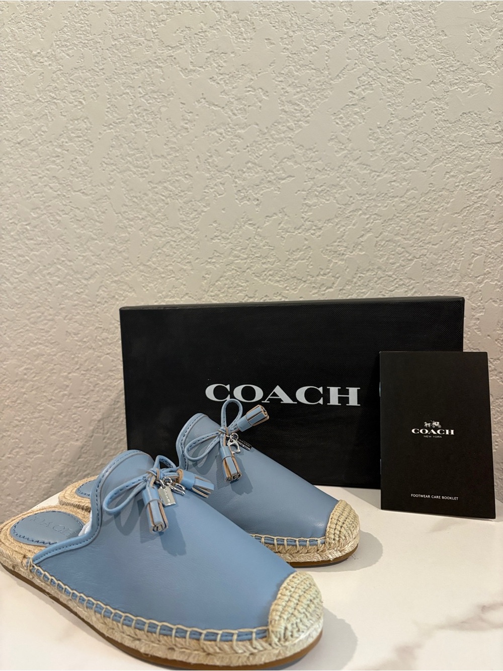 Coach Women's Light Blue Leather Espadrille Mules NWT